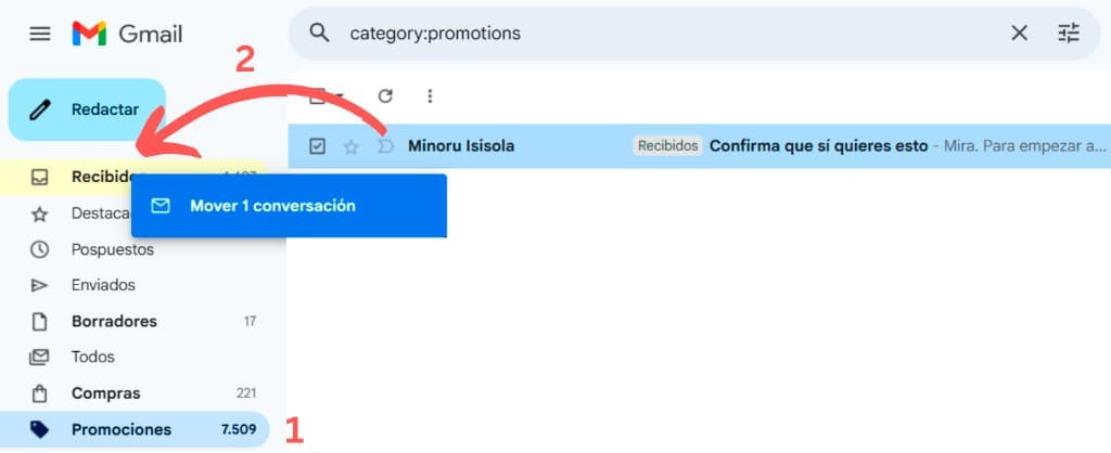 Guía visual para mover el correo desde promociones a Principal en Gmail